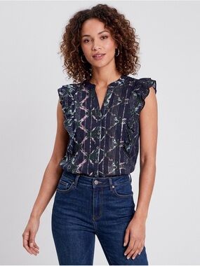 Anthropologie Pilcro Sleeveless Ruffle Blouse Metallic Lurex Floral Navy Size L